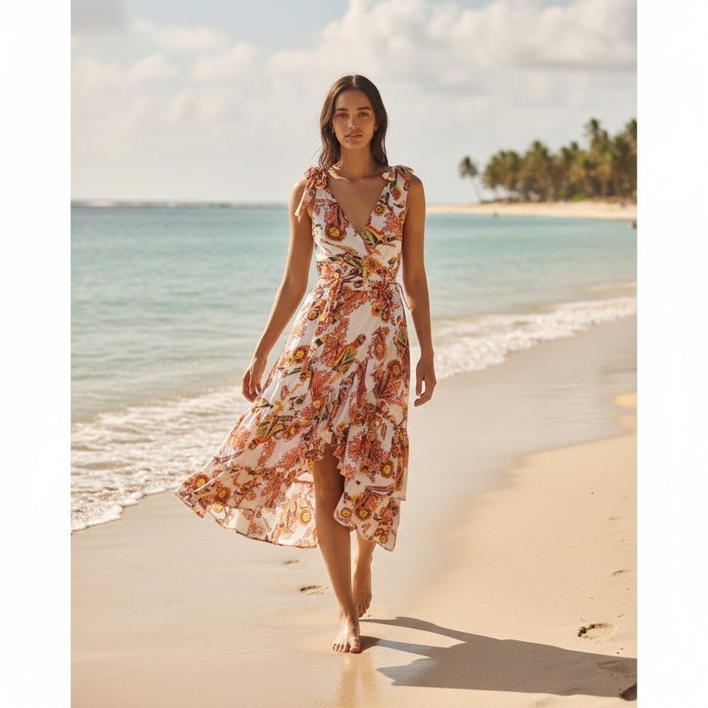 NWT Madewell x Banjanan Wrap Ruffle-Hem Midi in Parrot Bird Print Dress XS
